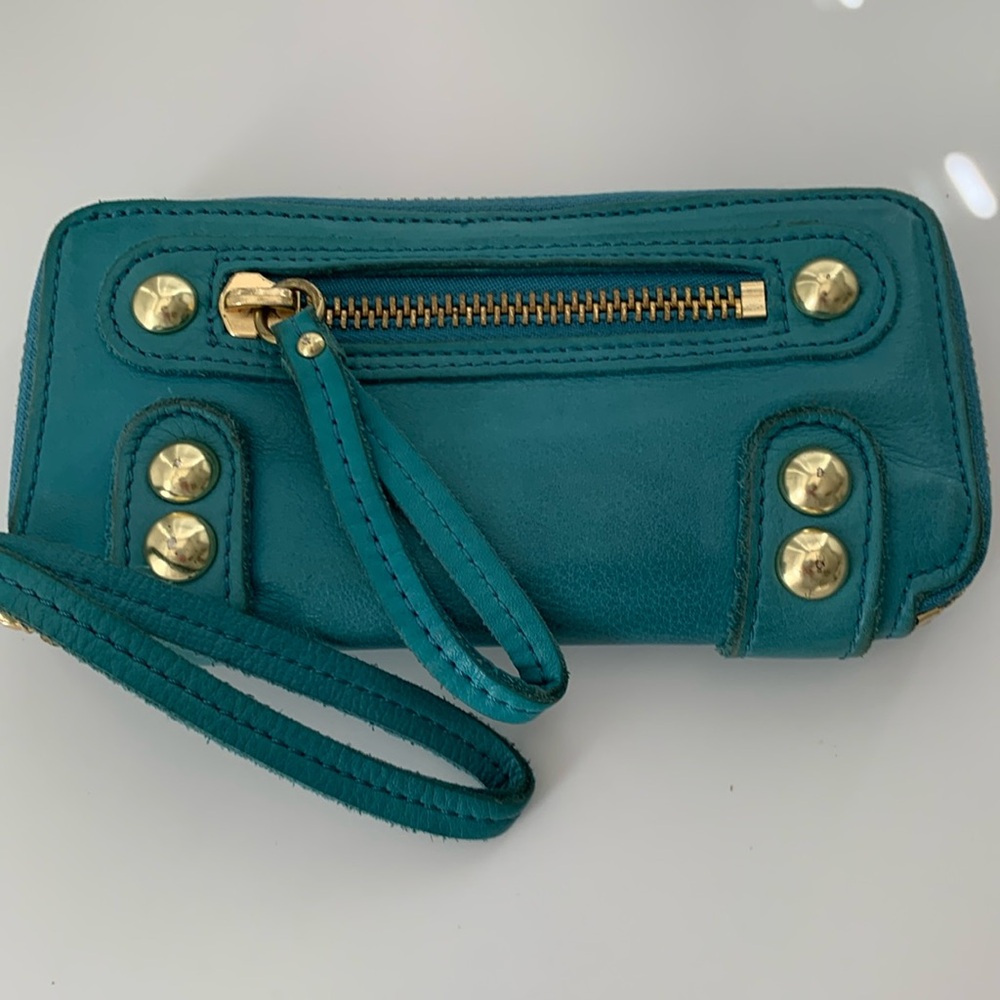 Linea Pelle Turquoise Leather Studded Wallet with Wrist Strap